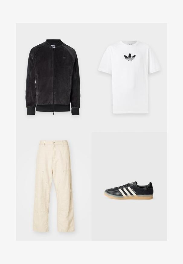 Jachetă bomber din velur negru cu închidere cu fermoar, manșete ribbate și buzunare laterale. Dispune de un logo subtil pe piept și panouri laterale contrastante.; Tricou alb din bumbac, având un logo Adidas negru în centrul său. Mâneci scurte și un design cu gât rotund. Textură fină.; Pantaloni largi din in, de culoare bej deschis, cu buzunare frontale, închidere cu buton și detalii de cusătură vizibile pentru un plus de textură.; Adidași sport negri cu dungi albe, din material texturat, vârf din piele netedă și talpă din cauciuc. Prezintă logo pe limbă.