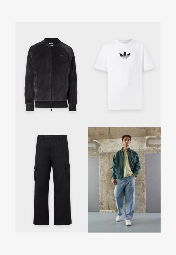 Black velour bomber jacket with zip closure, ribbed cuffs, and side pockets. Features a subtle logo on the chest and contrasting side panels.; White cotton T-shirt featuring a black Adidas logo at the center. Short sleeves and a crew neck design. Smooth texture.; Black cargo pants with a straight leg design. Made from durable fabric, featuring two side pockets with flap closures and a button fly.; Green bomber jacket over a light yellow polo, paired with loose blue jeans and white sneakers. Smooth fabrics, relaxed fit, minimal hardware.