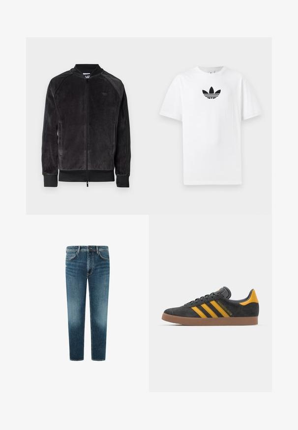 Črna velur bomber jakna z zadrgo, rebrastimi manšetami in stranskimi žepi. Ima subtilen logotip na prsih in kontrastne stranske panele.; Bela bombažna majica s črnim logojem Adidas na sredini. Kratki rokavi in oblikovanje z okrog lim. Gladka tekstura.; Jeans iz denima srednje modrega pranja, ravne nogavice, pet žepov ter kontrastno šivanje. Čista obdelava na robu.; Črne semiš tene z rumenimi akcenti, ki vsebujejo tri trakove in rjavo gumo podplat. Vključujejo oblazinjeno jezik za udobje.