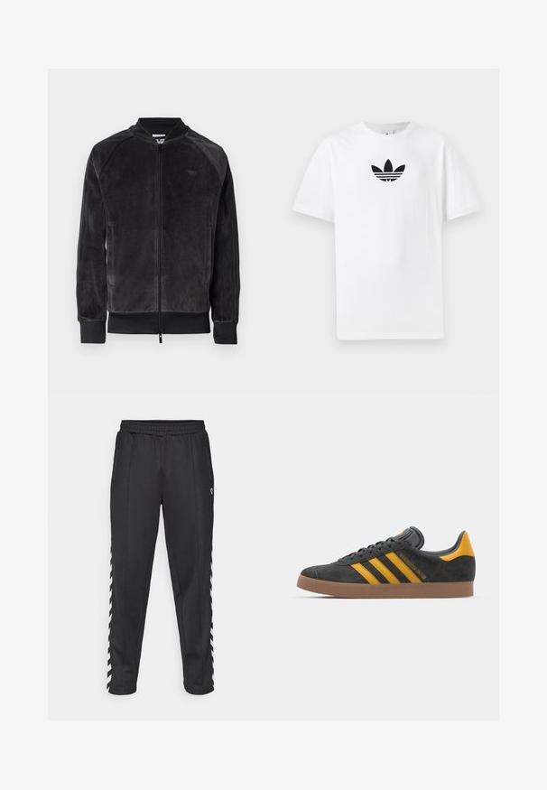 Zwarte velours bomberjack met ritssluiting, geribbelde boorden en zijzakken. Bevat een subtiele logo op de borst en contrasterende zijpanelen.; Witte katoenen T-shirt met een zwart Adidas-logo in het midden. Korte mouwen en een ronde hals. Gladde textuur.; Zwarte sportbroek met een elastische tailleband, voorzien van zijzakken met rits en witte zigzagaccenten langs de zijkanten. Soepele textuur.; Zwarte suède sneakers met gele accenten, voorzien van drie strepen en een bruine rubberen zool. Inclusief een gevoerde tong voor comfort.