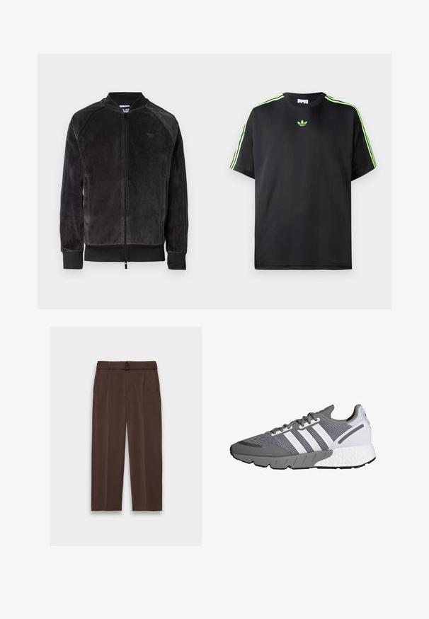 Čierna velúrová bomber bunda so zipsom, rebrovanými manžetami a bočnými vreckami. Obsahuje decentné logo na hrudi a kontrastné bočné panely.; Čierne tričko z hladkej tkaniny s okrúhlym výstrihom, s tromi zelenými pruhmi na ramenách a malým zeleným logom na hrudi.; Hnedé nohavice s opaskom, s vysokým pásom, plisovaným predným dielom a bočnými vreckami; vyrobené z hladkého, textúrovaného materiálu.; Šedá a biela športová obuv s priedušným zvrškom, tromi bielymi pruhmi, polstrovanou podrážkou a textúrovanou šedou gumovou podrážkou.