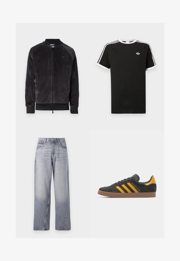 Casaco bomber em veludo preto com fecho de zíper, punhos com nervuras e bolsos laterais. Apresenta um logótipo discreto no peito e painéis laterais contrastantes.; T-shirt preta feita de algodão com detalhes em branco. Apresenta mangas curtas, design raglan, e um pequeno logótipo no peito. Três riscas brancas nos ombros.; Jeans de denim azul claro, de perna larga, com um acabamento desbotado, design de cinco bolsos e costura visível. Apresenta um botão de cobre e fecho de zip.; Tenis em camurça preta com detalhes amarelos, apresentando três riscas e uma sola de borracha castanha. Inclui uma língua acolchoada para maior conforto.