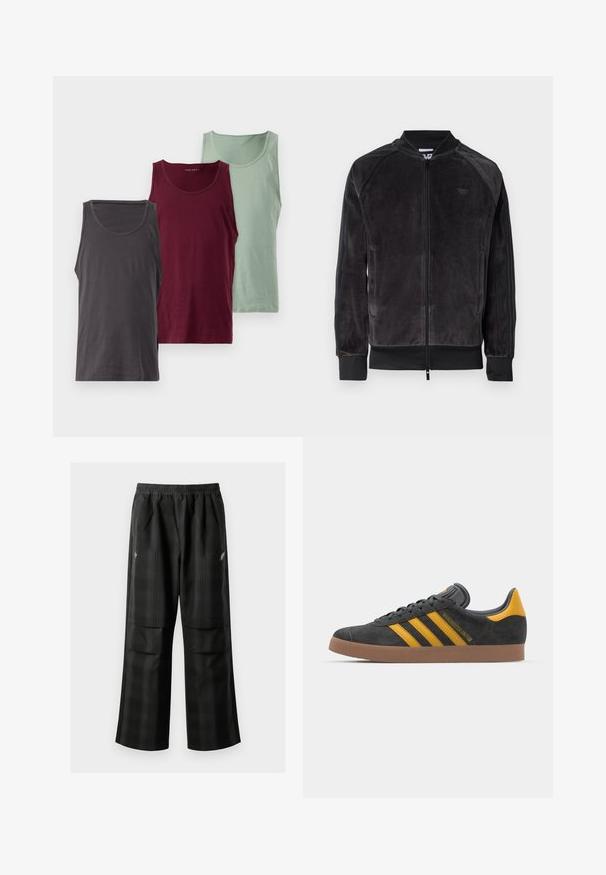 Zwarte velours bomberjack met ritssluiting, geribbelde boorden en zijzakken. Bevat een subtiele logo op de borst en contrasterende zijpanelen.; Drie tanktops in verschillende kleuren: donkergrijs, bordeauxrood en lichtgroen. Elke top heeft een gladde textuur en een ronde halslijn.; Zwarte geruite broek met een elastische tailleband, twee voorzakken en een losse pasvorm met een rechte pijpdesign. Gemaakt van lichtgewicht materiaal.; Zwarte suède sneakers met gele accenten, voorzien van drie strepen en een bruine rubberen zool. Inclusief een gevoerde tong voor comfort.