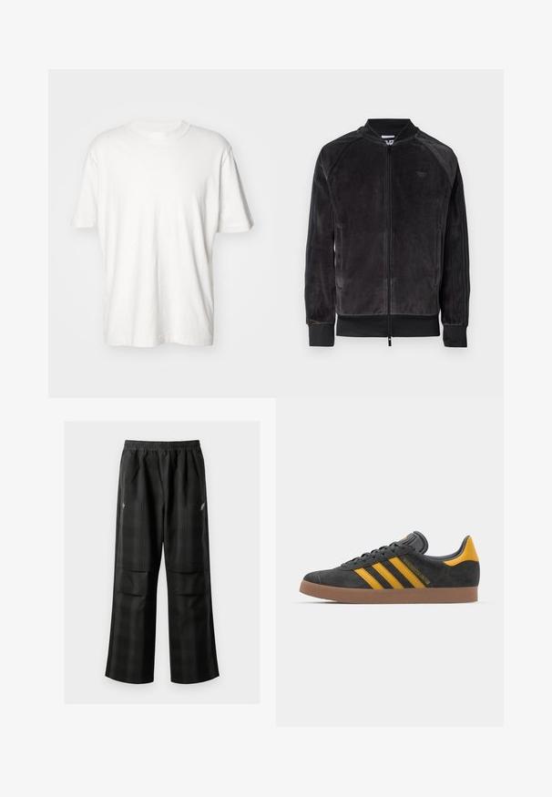 Black velour bomber jacket with zip closure, ribbed cuffs, and side pockets. Features a subtle logo on the chest and contrasting side panels.; Abercrombie & Fitch VINTAGE CREAM - Basic T-shirt - white sand; Black plaid pants featuring an elastic waistband, two front pockets, and a loose fit with a straight leg design. Made from lightweight material.; Black suede sneaker with yellow accents, featuring three stripes and a brown rubber sole. Includes a padded tongue for comfort.