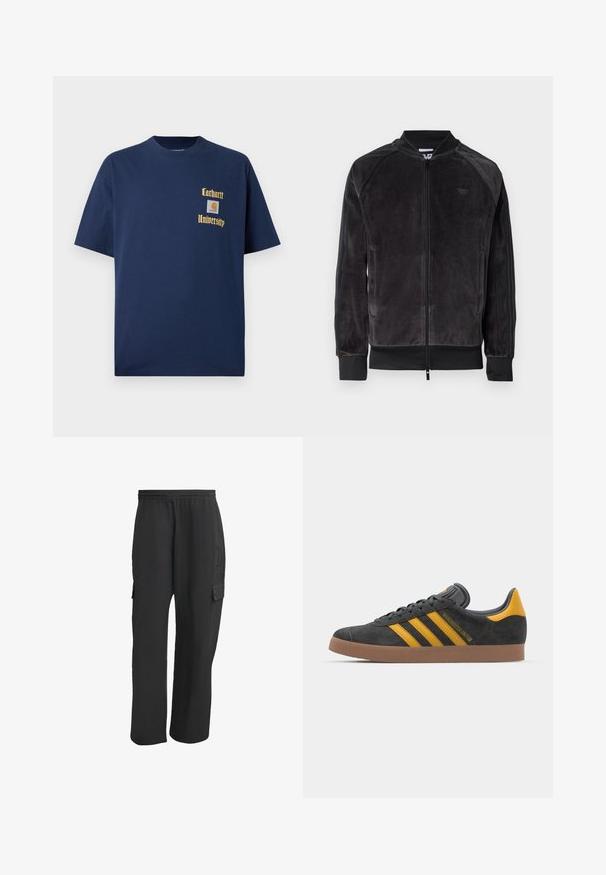 Black velour bomber jacket with zip closure, ribbed cuffs, and side pockets. Features a subtle logo on the chest and contrasting side panels.; Navy blue cotton t-shirt with short sleeves, featuring gold text "Carhartt University" and a logo patch on the left chest.; Black cargo pants with an elastic waistband, featuring side pockets, loose fit, and a textured fabric. Designed for comfort and utility.; Black suede sneaker with yellow accents, featuring three stripes and a brown rubber sole. Includes a padded tongue for comfort.