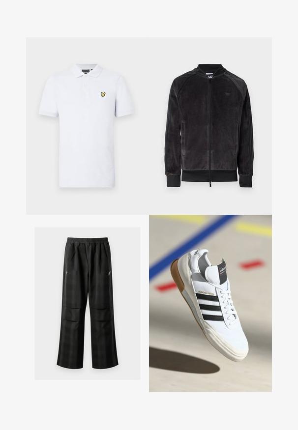Čierna velúrová bomber bunda so zipsom, rebrovanými manžetami a bočnými vreckami. Obsahuje decentné logo na hrudi a kontrastné bočné panely.; Biela polokošeľa z bavlny. Má golier, tri gombíky a žlté vyšívané logo na ľavej strane hrude. Krátke rukávy.; Čierne kockované nohavice s elastickým pásom, dvoma prednými vreckami a voľným strihom so rovnými nohavicami. Vyrobené z ľahkého materiálu.; Biele tenisky Adidas Mundial Goal s čiernymi pruhmi a gumovou podrážkou, zobrazené vo vzduchu nad športovým povrchom s farebnými čiarami.