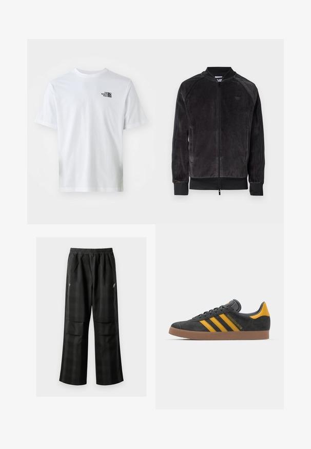 Sort velour bomberjakke med lynlås, ribbede ærmer og sidelommer. Har et diskret logo på brystet og kontrasterende sidepaneler.; Hvid bomulds T-shirt med korte ærmer, rund hals og et lille sort logo på brystet. Standard pasform, glat tekstur, ingen mønstre.; Sorte ternede bukser med elastisk talje, to forlommer og en løs pasform med lige ben. Fremstillet af letvægtsmateriale.; Sort suedet sneaker med gule accenter, der har tre striber og en brun gummisål. Inkluderer en polstret tunge for komfort.