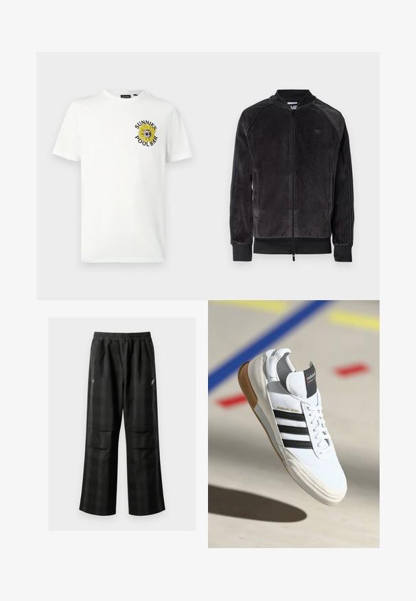 Czarna kurtka bomberka z weluru, zapinana na zamek, z prążkowanymi mankietami i bocznymi kieszeniami. Posiada subtelne logo na piersi oraz kontrastujące panele boczne.; Biała bawełniana koszulka z nadrukiem słonecznika w okularach przeciwsłonecznych i napisem "SUNNIES POOLBAR" w kolorach czarnym i żółtym.; Czarne spodnie w kratę z elastycznym pasem, dwoma przednimi kieszeniami i luźnym krojem ze prostymi nogawkami. Wykonane z lekkiego materiału.; Białe sneakersy Adidas Mundial Goal z czarnymi paskami i gumową podeszwą, pokazywane w powietrzu nad podłogą boiska sportowego z kolorowymi liniami.