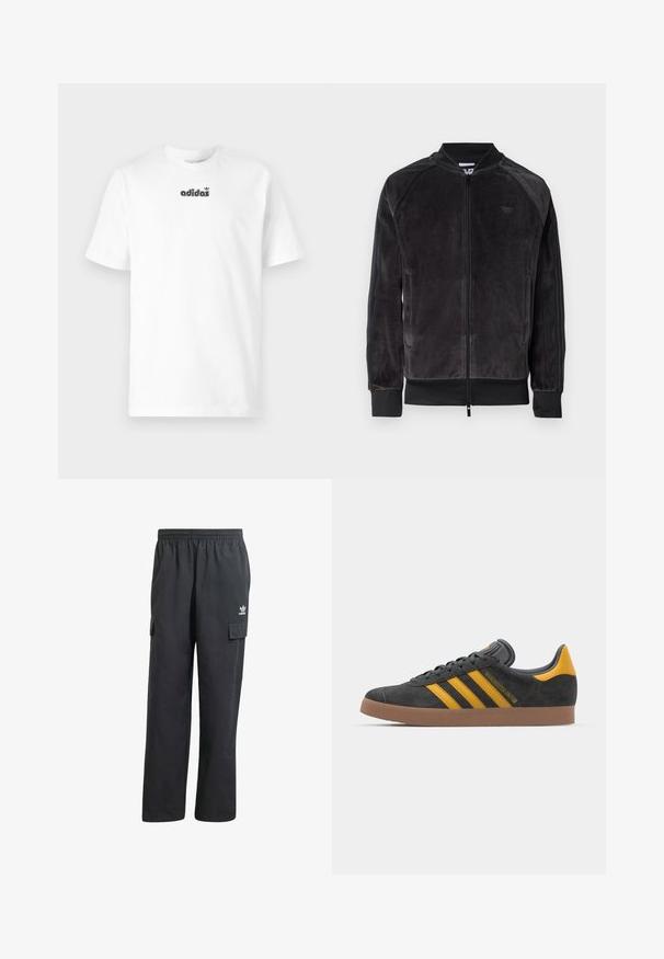 Juodas veliūro bomber tipo švarkas su užtrauktuku, gumuotomis rankovėmis ir šoninėmis kišenėmis. Dėka subtilaus logotipo ant krūtinės ir kontrastingų šoninių panelių.; Baltos medvilnės marškinėliai su juodu spausdintu Adidas logotipu ant krūtinės. Trumpomis rankovėmis ir apvaliu kaklu. Lygus audinys.; Juodų cargo kelnių su elastine juosta, dviem šoninėmis kišenėmis ir subtiliu logotipu kairėje šlaunyje. Pagaminta iš lengvos medžiagos.; Juodas zomšinės sportbačiai su geltonais akcentais, turintys tris juosteles ir rudą gumos padą. Apima paminkštintą liežuvėlį patogumui.