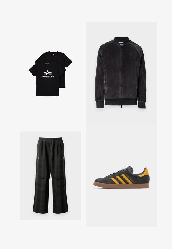 Svart velour bomberjakke med glidelås, ribbede mansjetter og sidelommer. Har en subtil logo på brystet og kontrasterende sidestykker.; Sorte bomulls t-skjorter med en hvit logo med et "A" og tre striper under. Rund hals og korte ermer, vist i en stablet posisjon.; Svarte rutete bukser med elastisk midje, to frontlommer og løs passform med rett ben-design. Laget av lett materiale.; Sort skinnesko i svart semsket skinn med gule detaljer, med tre striper og en brun gummisåle. Inkluderer en polstret tunge for komfort.