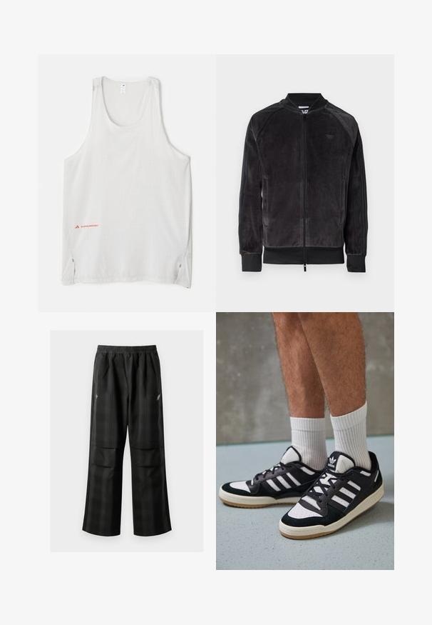 Zwarte velours bomberjack met ritssluiting, geribbelde boorden en zijzakken. Bevat een subtiele logo op de borst en contrasterende zijpanelen.; Witte mouwloze tanktop van lichtgewicht stof, met kleine stippenpatronen en zijsplitten. Merkl logo in het rood op de onderlinkerzijde.; Zwarte geruite broek met een elastische tailleband, twee voorzakken en een losse pasvorm met een rechte pijpdesign. Gemaakt van lichtgewicht materiaal.; Zwart-witte sneakers met een bovenwerk van suede en leer, voorzien van drie witte strepen, een geperforeerde neus en een rubberen gumzool.