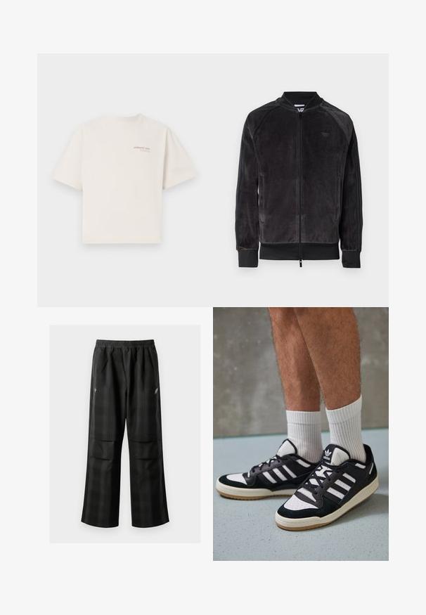 Črna velur bomber jakna z zadrgo, rebrastimi manšetami in stranskimi žepi. Ima subtilen logotip na prsih in kontrastne stranske panele.; T-maica s kratkimi rokavi in okroglo izrezo v off-white bombažu s tekstom "ADRIATIC SEA" v roza barvi na prsih. Ohlapen kroj in gladka tekstura.; Črne karirane hlače z elastičnim pasom, dvema sprednjima žepoma in ohlapnim krojem s pravimi nogavicami. Narejene so iz lahke tkanine.; Črno-bele superge z zgornjim delom iz usnja in nubuka, ki imajo tri bele črte, perforiran vrh prstov in podplat iz gume.