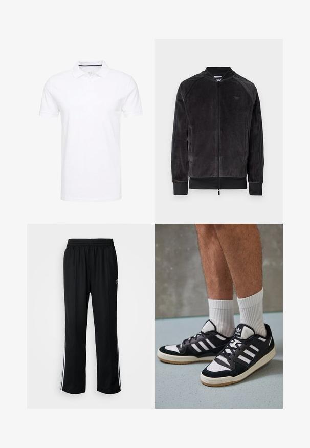 Giacca bomber in velluto nero con chiusura a zip, polsini a costine e tasche laterali. Presenta un logo discreto sul petto e pannelli laterali a contrasto.; Polo bianca realizzata in cotone, con colletto classico, maniche corte e patta con tre bottoni, con sottili accenti blu navy all'interno.; Pantaloni da allenamento neri con elastico in vita, dotati di bande laterali bianche e un piccolo logo. Il materiale sembra morbido e leggero.; Sneaker bianco e nero con tomaia in suede e pelle, caratterizzati da tre strisce bianche, punta perforata e suola in gomma naturale.