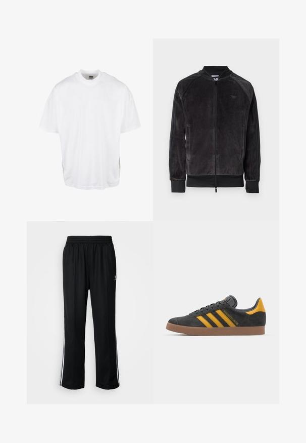 Černá velurová bomber bunda se zapínáním na zip, žebrovanými manžetami a bočními kapsami. Vybavena decentním logem na prsou a kontrastními bočními panely.; Bílý bavlněný tričko s volným střihem, krátkým rukávem a kulatým výstřihem, s rovním lemem a bez viditelných grafik nebo vzorů.; Černé sportovní kalhoty s elastickým pasem, s bílými bočními pruhy a malým logem. Materiál vypadá měkce a lehce.; Černé semišové tenisky se žlutými akcenty, vybavené třemi pruhy a hnědou gumovou podrážkou. Obsahují polstrovaný jazyk pro pohodlí.