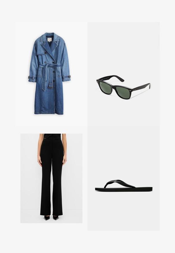 Cappotto trench in denim blu medio con design a doppio petto, vita con cintura, colletto a risvolto e polsini con bottoni.; Camisola nera in satin con scollatura a V in pizzo e spalline sottili, indossata con jeans blu scuro, su uno sfondo neutro.; Pantaloni neri a gamba larga con vita alta, realizzati in un tessuto morbido. Presentano una silhouette pulita e si abbinano bene a vari top.; Infradito in gomma nera con cinturino testurizzato e suola piatta semplice, mostrati di lato su uno sfondo chiaro e uniforme.; Occhiali da sole in plastica nera con lenti verdi, montatura quadrata, dettaglio argento sulla parte superiore e steli con texture. Marchio indicato sulla parte interna dello stelo.