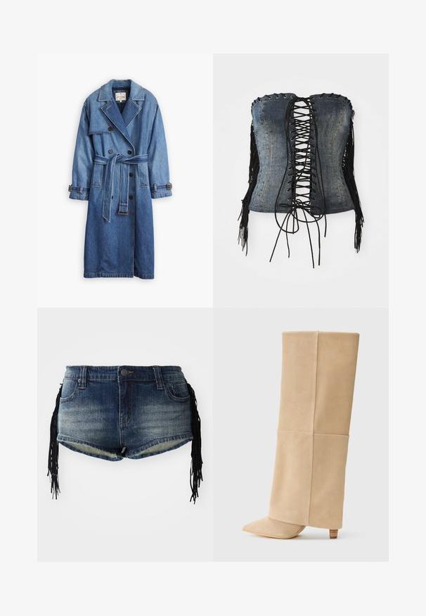 Denim trench coat in medium blue with a double-breasted design, belted waist, notch collar, and buttoned cuffs.; Denim strapless corset with black lace-up front, silver eyelets, and black fringe accents along the sides. Features structured fit and distressed texture.; Denim shorts in gradient blue wash with frayed hem and black fringe embellishments on the sides, featuring front pockets and a waistband.; Beige suede high-heeled boots with a pointed toe and tapered design, featuring a smooth texture and vertical seam detail.