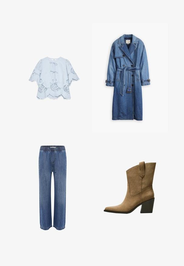 Denim trenchcoat i mellemblå med dobbeltkneppet design, bælte i taljen, notch-krave og knappede ærmekanter.; Lyseblå bluse med bølget kant og blonde detaljer. Har en bindefrontslutning og flagrende ærmer. Blødt stof og fine mønstre.; Blå denimbukser med elastisk talje og snøre, der har et afslappet fit og brede ben, glat tekstur og syede sømme.; Brune ruskind cowboy støvler med spidse tå, der har en mellemhøj blokhæle og enkel søm langs sidesømmen.
