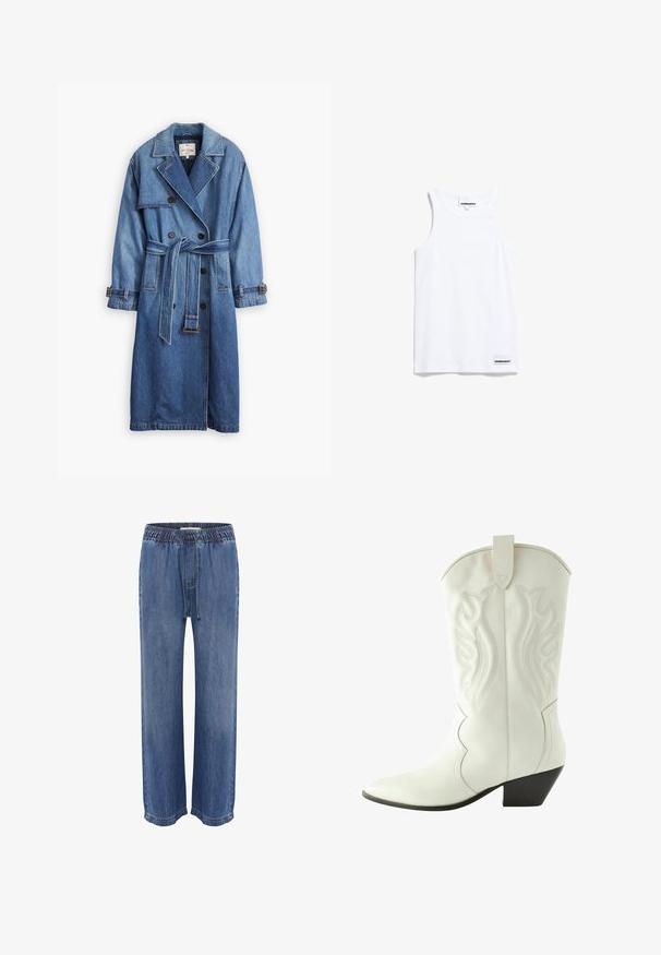 Cappotto trench in denim blu medio con design a doppio petto, vita con cintura, colletto a risvolto e polsini con bottoni.; Canottiera bianca in cotone. Presenta spalline larghe e un girocollo arrotondato. Include un piccolo etichetta del marchio in basso a sinistra.; Pantaloni in denim blu con vita elastica e cordoncino, caratterizzati da una vestibilità rilassata e gambe larghe, texture liscia e orli cuciti.; Next Stivaletti texani / biker - white