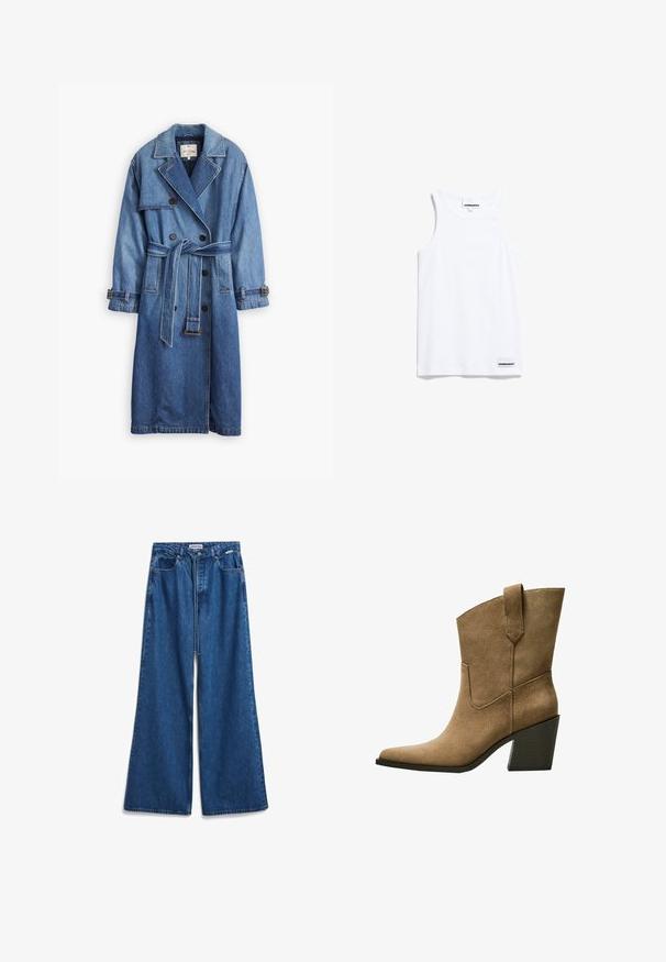 Denim trenchcoat in middenblauw met een dubbelgebreid ontwerp, taille met ceintuur, reverskraag en met knopen gesloten manchetten.; Witte tanktop gemaakt van katoen. Voorzien van brede schouderbanden en een ronde halslijn. Inclusief een klein merkje aan de onderkant links.; Wijde blauwe denim jeans met een hoge taille, vijf zakken en een rits. Gemaakt van stevig katoenmix materiaal met vervaging.; Bruine suède cowboylaarzen met een puntenneus, voorzien van een middelhoog blokhak en eenvoudige stiksel langs de zijnaad.