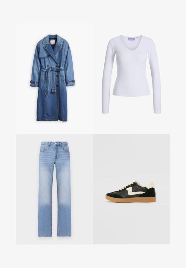 Traper kaput srednje plave boje s dvorednim kopčanjem, pojasom u struku, ovratnikom s prorezom i manžetama na kopčanje.; Bjela dugih rukava majica s rebrom i dizajnom u obliku V. Unutarnja oznaka s brandom "JJXX" vidljiva unutar ovratnika.; Svijetloplave traperice ravnog kroja, s istrošenim pranjima na donjem dijelu i klasičnim dizajnom s pet džepova.; Crna nubuk i kožna tenisica s kremastim bočnim swooshom i svijetlom kremastom petom. Sadrži bež vezice i gumu na potplatu.