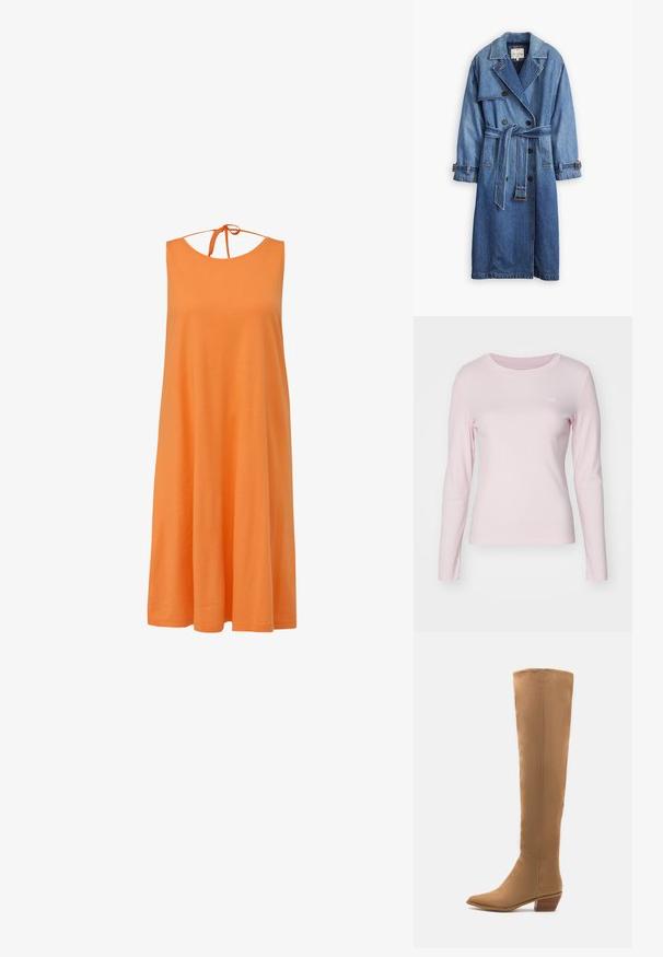 Denim trench coat in medium blue with a double-breasted design, belted waist, notch collar, and buttoned cuffs.; Levi's® ESSENTIAL TEE - Long sleeved top - potpourri; Orange sleeveless dress with a round neckline and tie back. Made of soft fabric, it features a loose, flowing silhouette and knee-length hem.; Knee-high tan boots made of a smooth material with a pointed toe and a low stacked heel. Simple design, no visible patterns or accents.; Multicolored handbag with pink, blue, and yellow panels, featuring gold hardware and a detachable orange cardholder. Textured surface design.