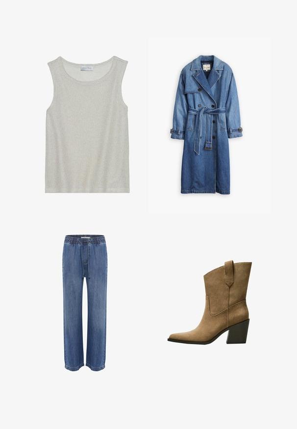 Denim trench coat in medium blue with a double-breasted design, belted waist, notch collar, and buttoned cuffs.; Light gray sleeveless top with a soft, textured knit fabric. Features a round neckline and a loose fit. Label reads "ANNA FIELD" inside.; Blue denim pants with an elastic waistband and drawstring, featuring a relaxed fit and wide legs, smooth texture, and stitched hems.; Brown suede cowboy boots with a pointed toe, showcasing a mid-height block heel and simple stitching along the side seams.