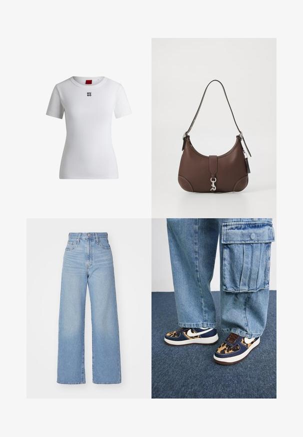 Denim trench coat in medium blue with a double-breasted design, belted waist, notch collar, and buttoned cuffs.; White cotton t-shirt with a round neckline and short sleeves. Features a small black "HUGO" logo on the chest. Smooth texture.; Light blue high-waist wide-leg jeans with front button and zip closure, front and back pockets, on a white background.; Navy blue sneakers with leopard print accents, white Nike swoosh, brown laces, and white midsole. Paired with light denim cargo pants.; Brown leather handbag with a rounded shape, silver hardware, and decorative stitching. Features a shoulder strap and clasp closure.