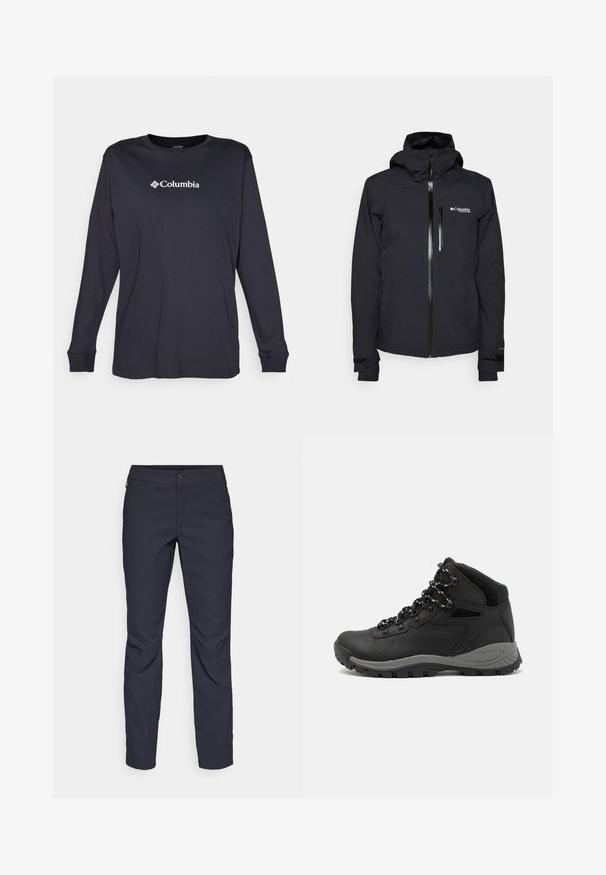 Svart vattentät jacka med huva, framdragkedja och hakskydd. Har en liten ficka med dragkedja på bröstet och justerbara ärmslut.; Columbia NORTH CASCADES™ TEE - Långärmad tröja - black; Marina blå byxor i slät tyg, med framknäppning, slim-fit design och veckade detaljer vid knäna.; Svart vandringskänga med mellanhög design, som har en texturerad överdel, grå accenter och en slitstark gummisula med greppklackar.