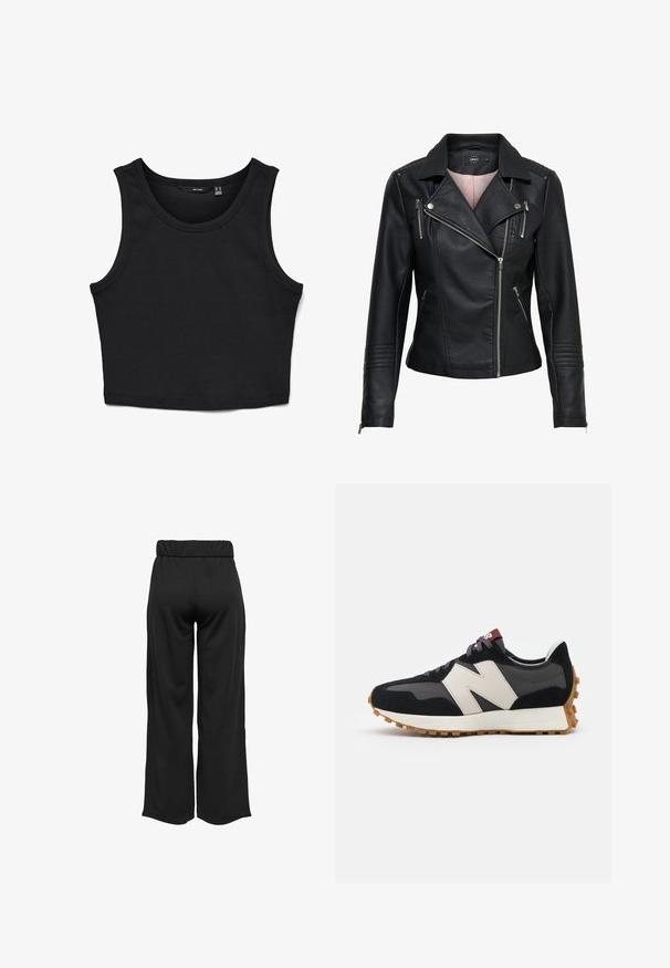 Juodas odinis motociklininko švarkas su įpjovimu, asimetrinis priekinis užtrauktukas, užtraukiamos kišenės ir raukšlėtos detalės ant pečių ir rankovių.; Juodas trumpas tankų viršus, pagamintas iš briaunoto audinio. Turi plačius petnešėlių juosteles ir apvalų iškirpimą, tvirtai prigludęs prie kūno.; Juodos, plačios kelnės su elastinga juosta, pagamintos iš lygaus audinio. Pasižymi švariu dizainu, be kišenių ar matomų siūlių detalių.; Juoda ir pilka zomšinė sportinė avalynė su dideliu kreminiu "N" logotipu, violetinėmis raištelėmis ir tekstūruota gumos padu.