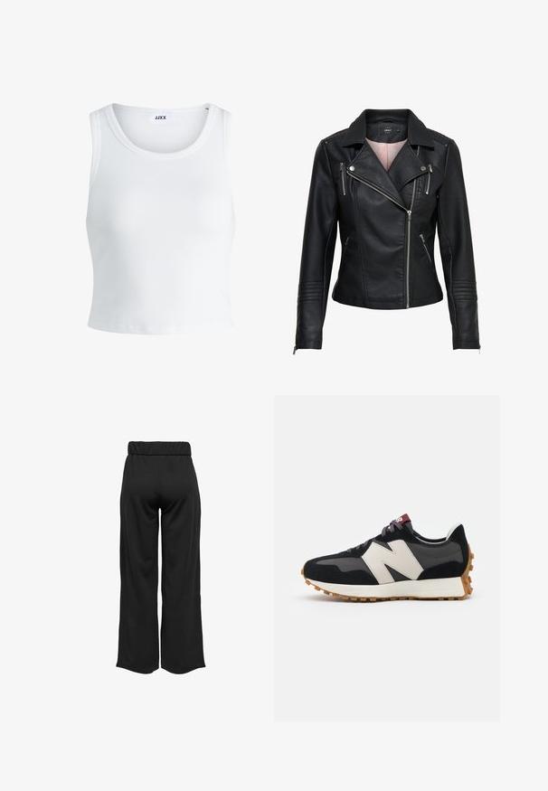 Jachetă de biker din piele neagră, cu guler decupat, fermoar frontal asimetric, buzunare cu fermoar și accente cu nervuri pe umeri și mâneci.; Top alb cu detalii texturate, cu guler rotund, fără mâneci și lungime scurtă. Eticheta spune "JJXX." Textură de țesătură netedă.; Pantaloni negri, cu croi larg și talie elastică, realizați dintr-un material neted. Au un design simplu, fără buzunare sau detalii de cusătură vizibile.; Adidași din suede negru și gri cu un mare logo "N" de culoare crem, sireturi purpurii și o talpă din cauciuc texturat de culoare gumă.