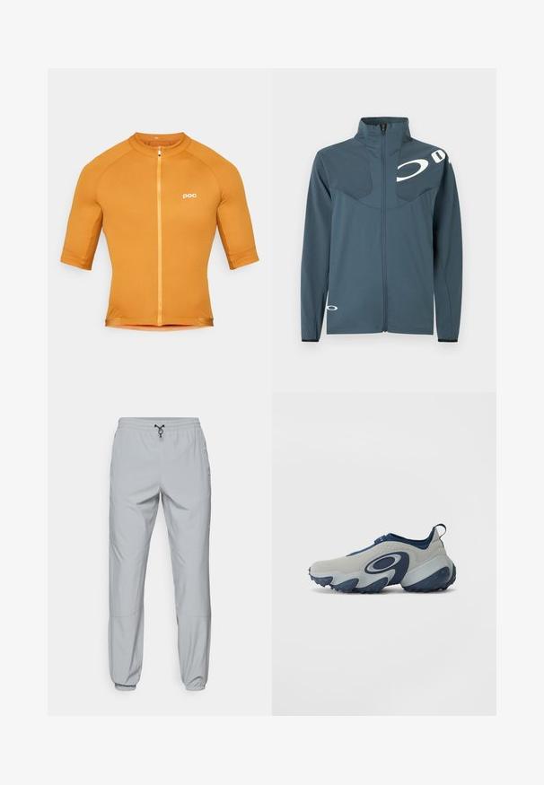 Oakley ENHANCE TECH JACKET - Ljetna jakna - dark slate; POC THERMAL LITE - Biciklistički dres - bauxite brown; The North Face WIND PANT - Hlače za otvoreno - monument grey; Cipele sivi gornji dio i mornarsko plave naglaske, karakterizira zakrivljeni dizajn, glatka tekstura i masivna potplat s plavom gumom s uzorkom.