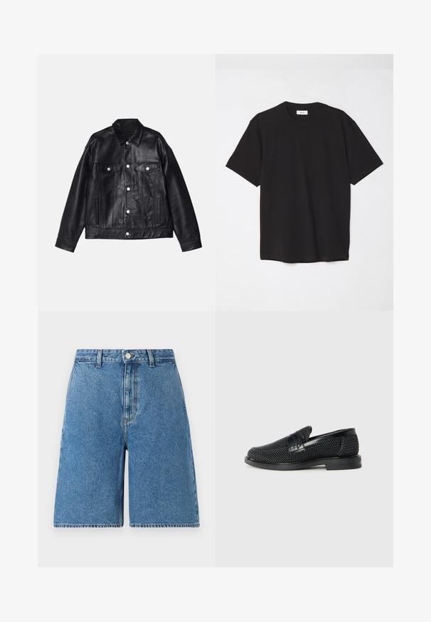 Won Hundred EZRA - Giacca di pelle - washed black; T-shirt in cotone nero con colletto a girocollo, maniche corte e vestibilità comoda. Design semplice, texture liscia e senza motivi o loghi visibili.; Pantaloni shorts in denim blu con vita alta, caratterizzati da chiusura frontale a bottoni, tasche laterali e un design a gamba dritta.; Scarpa nera a mocassino intrecciata con un accentuato in pelle liscia sulla parte superiore, design a punta rotonda e suola in gomma a profilo basso.