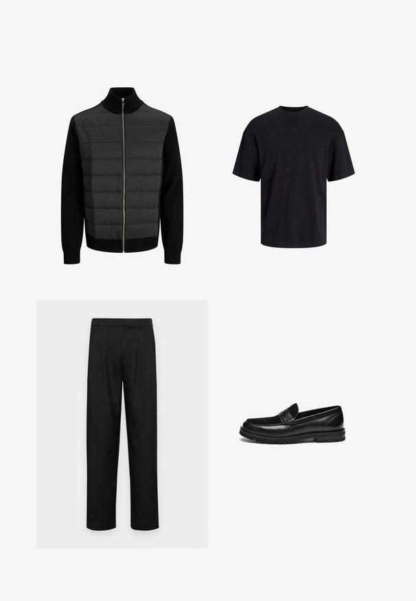 Schwarze zip-up Jacke mit gepolstertem Oberteil und gestrickten Ärmeln. Sie hat einen hohen Kragen und flache Nähte, die ein strukturiertes Erscheinungsbild schaffen.; Schwarzes Baumwoll-T-Shirt mit Rundhalsausschnitt, kurzen Ärmeln und lässiger Passform. Glatte Oberflächenstruktur und keine sichtbaren Muster oder Akzente.; Schwarze Hose aus glattem Stoff, mit geradem Bein Design, zwei vorderen Falten und einem Standardbund mit Gürtelschlaufen.; Schwarze Lederlofer mit glatter Oberfläche, ausgestattet mit einem strukturierten Wildlederakzent auf dem Vorderblatt und einem robusten Gummisohlen-Design.