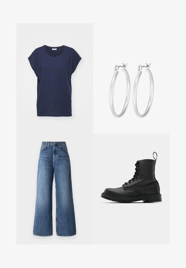 Nafouknutý bílý dlouhý kabát s černou kapucí a horním panelem, se zipem vpředu, bočními kapsami a logem na hrudi.; Námořnická modrá tričko s krátkým rukávem vyrobené z měkké látky, s kulatým výstřihem a volným střihem s postranními rozparky pro pohodlí a snadnost pohybu.; Dámské džíny s vysokým pasem a širokými nohavicemi, vyrobené z světle modré denimu, s klasickým designem pěti kapes a jemným vyblednutím na nohavicích.; Černá kožená bojová bota s kulatou špičkou, šněrováním vpředu a poutkem na zadní straně u kotníku. Vybavena silnou gumovou podrážkou pro maximální trvanlivost.; Stříbrné kruhové náušnice s hladkým, lesklým povrchem. Kulatý tvar a bezpečné zapínání na klip. Lehký design vhodný pro každodenní nošení.