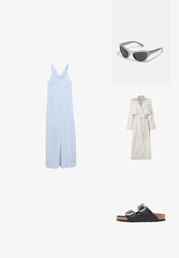 Lang beige trenchcoat lavet af letvægtsstof. Har brede revers, en bælte i taljen og knapmanchetter med sidelommer.; Lys blå, ærmeløs jumpsuit med v-udskæring, der har en afslappet pasform og et glat, let struktureret stof.; Sort sandal med to justerbare remme, sølvspænder og en korksål på en struktureret sort gummisål.; Sølv katteøje-solbriller med mørke linser, udsmykket med klare juvelakenter langs stellet. Mat finish med buet bøjningsdesign.