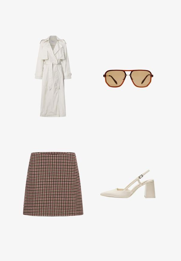 Dlhý béžový trenčkot vyrobený z ľahkého materiálu. Má široké klopy, opasok v páse a gombíkové manžety s bočnými vreckami.; Čierny rolák s dlhými rukávmi, vyrobený z hladkej pleteniny. Má priliehavé telo a rebrované manžety a lem.; Mini sukňa v červenej a krémovej kárované vzore s rovnou siluetou a textúrovanou tkaninou. Bez viditeľného zapínania alebo dekorácií.; Béžové sandále s vykrojením a špicatou špičkou, lesklým lakovaným povrchom, stredným blokovým podpätkom a nastaviteľným remienkom. Minimalistický dizajn s otvorenými stranami.; Hnedé osemuholníkové slnečné okuliare s priehľadným jantárovým rámom a hnedými tónovanými sklami. Obsahujú kovový akcent na mostíku a štíhle nožičky.