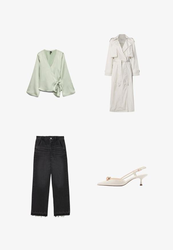 Trench coat lungo beige realizzato in tessuto leggero. Presenta ampi rever, una vita con cintura e polsini con bottoni, oltre a tasche laterali.; Top avvolgente verde chiaro con maniche lunghe; presenta una chiusura a fiocco sul lato e un bordo in pizzo lungo il collo. Tessuto liscio e morbido.; Pantaloni in denim neri con un design a gamba dritta. Caratterizzati da un vita alta, orlo sfrangiato e una leggera texture scolorita su tutta la superficie. Inclusi taschini frontali.; Scarpa slingback color crema con punta allungata, cinturini sottili e un accento dorato sul parte superiore. Presenta un tacco basso e stretto.