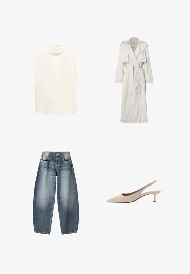 Long beige trench coat made of lightweight fabric. Features wide lapels, a belted waist, and buttoned cuffs with side pockets.; Sleeveless cream blouse with a high collar, smooth satin texture, slightly oversized fit, and curved hem. No visible fastenings.; Wide-leg jeans made of light blue denim with fading, featuring a five-pocket design, button fly, and minimal stitching details.; Beige slingback heels with a pointed toe and a low, flared heel. Made from smooth leather with a minimalistic design and adjustable strap.