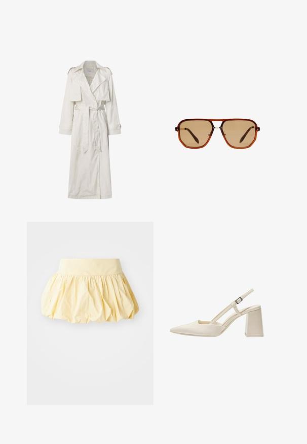 Pitkä beige trench-takki, joka on valmistettu kevyestä kankaasta. Varustettu leveillä läpillä, vyötäröllä olevan vyön ja nappikahvoilla, sekä sivutaskuilla.; Valkoinen t-paita, joka on valmistettu puuvillasta, pyöreällä pääntiellä, lyhyillä hihoilla ja rentona istuvuutena. Suora pinta ilman kuvioita tai koristeluita.; Keltainen puuvillahame, jossa on runsas, kerätty muotoilu ja leveä vyötärö. Sileä pinta ja kevyt kangas luovat rentoa ilmettä.; Beige slingback kengät, joissa on terävä kärki, kiiltävä patentoitu pinta, keskikokoinen lohkoheel ja säädettävä hihna. Minimalistinen muotoilu avonaisilla sivuilla.; Ruske oktagonalne sunčane naočale s prozirnim amber okvirom i smeškastim staklima. Imaju metalni naglasak na mostu i tanke strane.; Kultaista paljettikangasta oleva nyöriolkalaukku, jossa on pyöreä kahva, kiiltävät pyöreät paljetit ja teksturoitu kangas. Mittoja ei ole ilmoitettu.