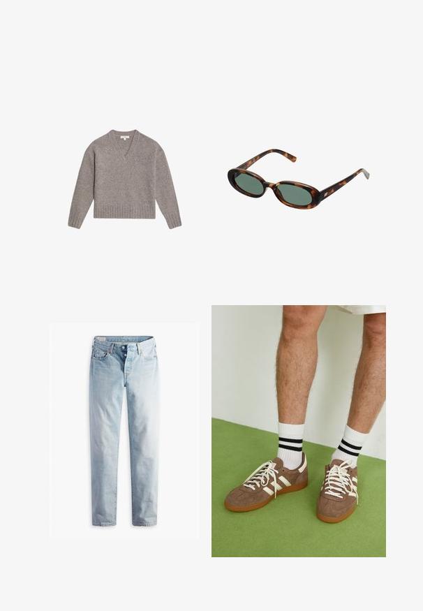 Beżowy długi płaszcz wykonany z miękkiego materiału, z klapami w stylu notched, otwartym przodem i wiązanym paskiem w talii. Gładka, nie teksturowana tkanina.; Sweter w serek w jasnoszarym kolorze, wykonany z miękkiej mieszanki wełny. Posiada ściągacze na mankietach i u dołu, luzny krój oraz długie rękawy.; Jasnoniebieskie dżinsy o prostym kroju nogawki, z dwiema kieszeniami z przodu i dwiema z tyłu. Posiadają zapięcie na dwa guziki i subtelne przeszycia.; Brązowe zamszowe sneakersy z białymi akcentami i sznurówkami. Gumowa, brązowa podeszwa. Noszone z białymi skarpetkami w czarne paski. Zielona teksturowana podłoga.; Okulary przeciwsłoneczne w kolorze tortoise z owalnymi oprawkami i zielonymi soczewkami. Posiadają cienkie zauszniki z metalowym akcentem przy zawiasach.; Czarna pikowana skórzana torebka na łańcuszku w kolorze złotym z zapięciem w złotym kolorze. Prostokątny kształt o teksturowanej powierzchni.