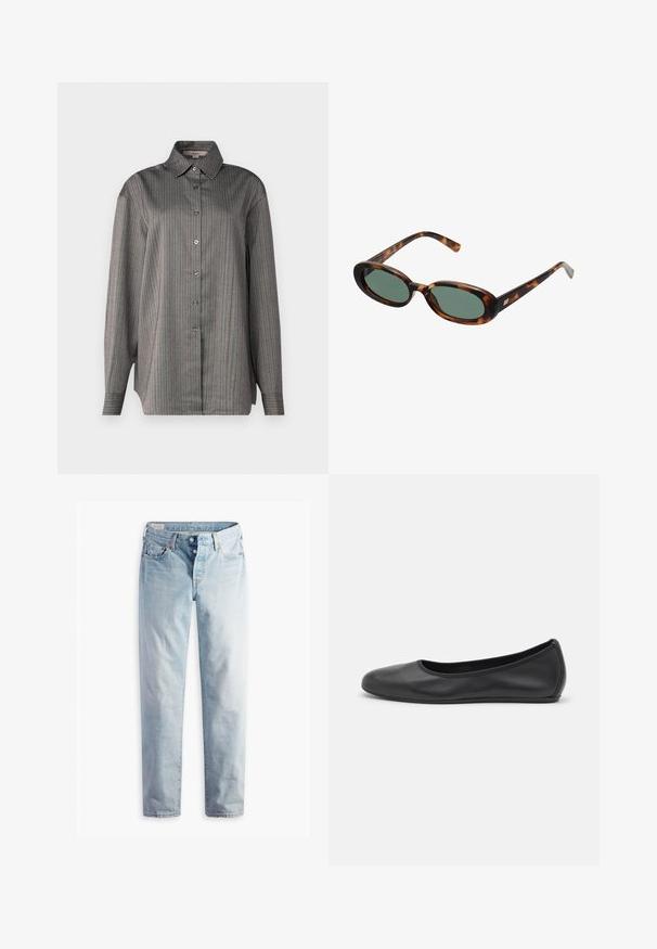 Beżowy długi płaszcz wykonany z miękkiego materiału, z klapami w stylu notched, otwartym przodem i wiązanym paskiem w talii. Gładka, nie teksturowana tkanina.; Koszula zapinana na guziki w szarym materiale z pionowymi paskami w kolorze niebieskim i czerwonym. Posiada klasyczny kołnierz i długie rękawy. Lekka tekstura.; Jasnoniebieskie dżinsy o prostym kroju nogawki, z dwiema kieszeniami z przodu i dwiema z tyłu. Posiadają zapięcie na dwa guziki i subtelne przeszycia.; Czarne skórzane baletki z zaokrąglonym noskiem, gładką fakturą, minimalnymi przeszyciami i elastycznym designem podeszwy.; Okulary przeciwsłoneczne w kolorze tortoise z owalnymi oprawkami i zielonymi soczewkami. Posiadają cienkie zauszniki z metalowym akcentem przy zawiasach.; Czarna pikowana skórzana torebka na łańcuszku w kolorze złotym z zapięciem w złotym kolorze. Prostokątny kształt o teksturowanej powierzchni.