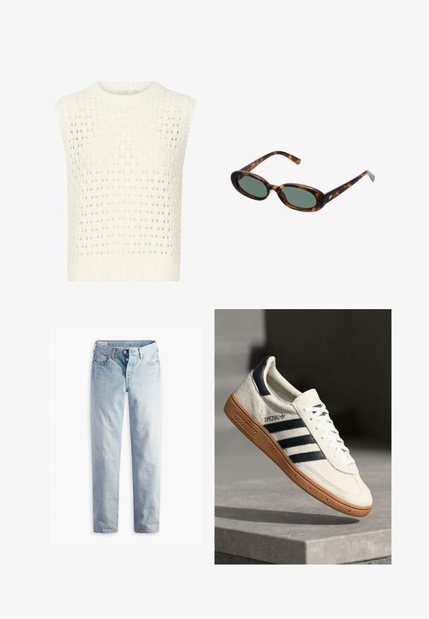 Beige lange jas gemaakt van zachte stof, met een uitsnijding in de kraag, open voorkant en een strikceintuur. Gladde, niet-getextureerde stof.; Kaffe SILJA - Top - chalk; Lichtblauwe denim jeans met een rechte pijp, twee voorzakken en twee achterzakken. Inclusief een dubbele knoopsluiting en subtiele stiksels.; Witte suède sneakers met marineblauwe strepen, rubberen gumzool, gestructureerde bovenkant, ronde neus en veters; heeft branding aan de zijkant en op de tong.; schildpadbril met ovale monturen en groene lenzen. Heeft dunne spijlen met een metalen accent nabij de scharnieren.; Zwarte gequiltte leren handtas met een gouden kettingriem en een gouden sluiting. Rectangulaire vorm met een gestructureerd oppervlak.