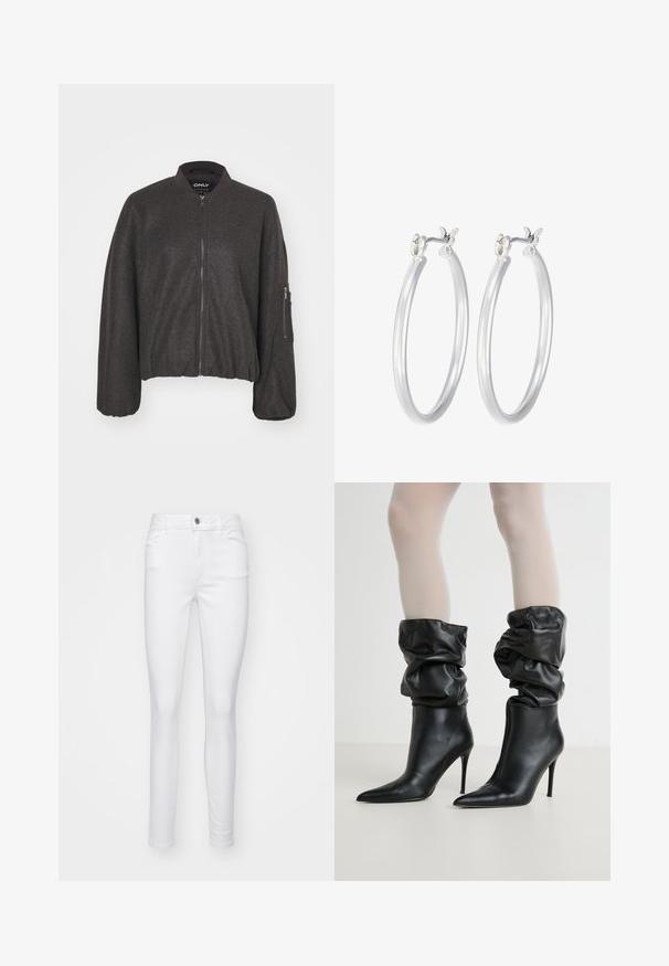 Tumehall sinine bomber-jakk, millel on lukuga esiosa, soonikkoes ja elastne vöökoht. Omab ülemõõtmelisi varrukaid ja lukuga taskut vasakul käsivarrel.; Must muströmpa mustristik pikkannukkide mustri kõrgetting toori jalgade kinnitanud, mulit haufri. Pakk keskosa ülemine vilip. ; Valged kitsad teksad, mis on valmistatud denimist, esitades esisäsi kinnituse, viis taskut ja sujuva tekstuuri kogu kangas.; Mustadest nahast pahkluükse saapad, millel on lahtine disain, terav ninajoon ja kõrge stilettokand, ning pehme, tekstuuriga viimistlus sääremuus.; Hõbedased rõngaskõrvarõngad, millel on sile, läikiv viimistlus. Ümmargune kuju ja turvaline klõpsulatus. Kerge disain, sobib igapäevaseks kandmiseks.