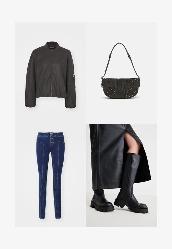 Tummanharmaa bomber-takki, jossa on vetoketjukiinnitys, ribattuja kauluksia ja elastinen vyötärö. Sisältää ylipitkiä hihoja ja vetoketjullisen taskun vasemmassa hihassa.; Kolme pitkähihasta paita päällekkäin: musta, harmaa ja valkoinen. Jokaisessa on pyöreä pääntie ja lyhennetty muotoilu, jossa on sileä ja kevyt kangas.; Tummansiniset farkut korkealla vyötäröllä, viiden napin sulkemisella, kahdella etutaskulla ja kapealla leikkauksella. Sileä pinta.; Mustat polveen asti ulottuvat saappaat paksulla pohjalla, sileällä nahkapinnalla, sivuvetoketjulla ja minimalistisella muotoilulla, yhdistettynä halkiolliseen mustaan hameeseen.; Mustapintainen mokkabag, jossa on kaareva muotoilu ja niittikoristeet sekä teksturoitu pinta. Säädettävä olkahihna, jossa on niittiyksityiskohtia reunoilla.; Hope-silver rengas, joissa on sileä ja kiillotettu pinta. Pyöreä muoto ja turvallinen napsautettava lukitus. Kevyt muotoilu sopii päivittäiseen käyttöön.