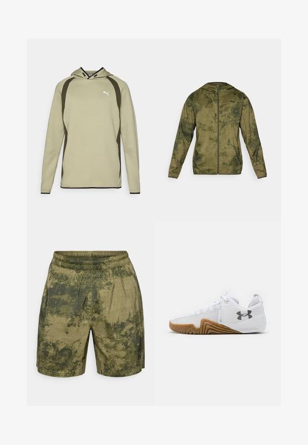 Puma hooded jacket in olive green with a textured, patterned finish. Features a front zipper and long sleeves.; Light green hoodie with a kangaroo pocket, black accents along the sides and hem, and a white logo on the chest. Soft, textured material.; Camouflage-patterned shorts in shades of green, crafted from lightweight fabric with an elastic waistband and a relaxed fit.; White athletic shoes featuring a mesh upper, rubber outsole with a gum color, textured accents, and a black logo on the side.