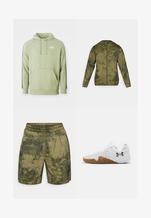 Puma kapuutsiga jakk oliivirohelises värvitoonis, millel on tekstuuriga mustriga viimistlus. Varustuses on eesmine tõmblukk ja pikad varrukad.; Heledane Puma kapuutsiga sviiter, millel on ees tasku, logo rinnal, nööriga kapuuts ja bränditud triibud varrukatel.; Roheline kamuflaažimustriga lühikesed püksid, valmistatud kergest kangast, millel on elastne vöökoht ja mugav lõige.; Valged sportlikud kingad, mis on varustatud võrgust pealsega, kummise välispõhjaga, millel on pruuni värvi tooni, tekstuursete detailidega ja must logoga külgedel.