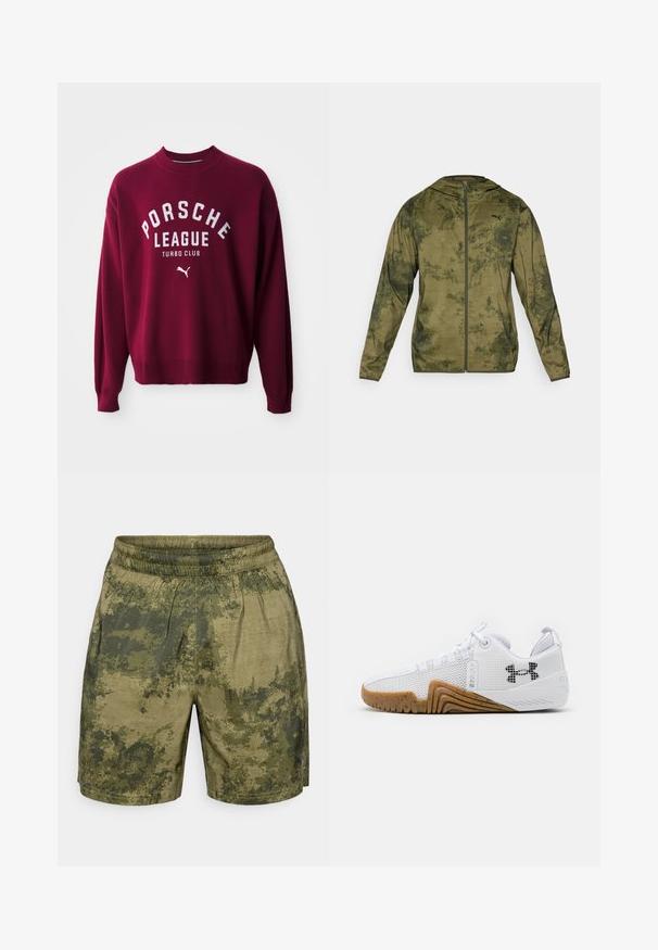 Puma-huvtröja i olivgrön med en texturerad, mönstrad yta. Har en framzipper och långa ärmar.; Bordeaux garnknittrad tröja med ribbade muddar och nederkant, med vit text: "PORSCHE LEAGUE TURBO CLUB" och en liten vit Puma-logotyp.; Kamouflage-mönstrade shorts i gröna nyanser, tillverkade av lättviktstyg med elastisk midja och avslappnad passform.; Vita atletiska skor med en meshuverdel, gummisula i gumfärg, texturerade detaljer och en svart logotyp på sidan.