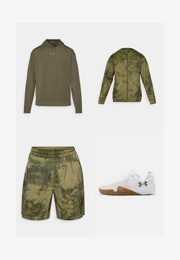 Giacca con cappuccio Puma in verde oliva con un finish testurizzato e a fantasia. Presenta una zip frontale e maniche lunghe.; Felpa verde oliva con cappuccio regolabile, maniche lunghe e vestibilità comoda. Presenta un logo bianco sul petto e polsini a coste.; Pantaloni corti con motivo camouflage in diverse tonalità di verde, realizzati in tessuto leggero con una vita elastica e una vestibilità comoda.; Scarpe atletiche bianche con una tomaia in rete, suola in gomma di colore gomma, dettagli testurizzati e un logo nero sul lato.