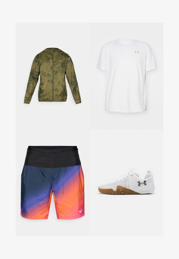 Puma hoodie in olijfgroen met een tekstuur, patroonafwerking. Heeft een rits aan de voorkant en lange mouwen.; Witte sportieve T-shirt met korte mouwen, gemaakt van gladde stof. Heeft een ronde hals en een grijs logo op de linkerkant van de borst, met zijsplitten aan de zoom.; Heren sportshorts met een verloopontwerp van marineblauw naar oranje, met een zwarte tailleband en een zachte, lichte stof.; Witte sportschoenen met een bovenwerk van mesh, rubberen buitenzool in een gomkleur, textuuraccenten en een zwart logo op de zijkant.