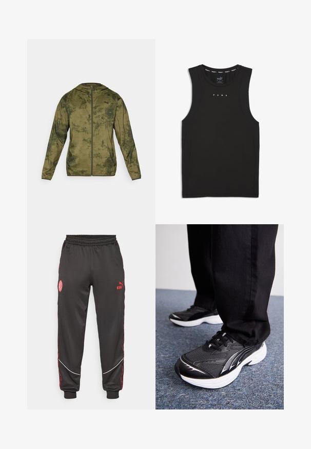 Jachetă cu glugă Puma de culoare verde măslin, cu un finisaj texturat și cu model. Dispune de un fermoar frontal și mâneci lungi.; Tricou sportiv fără mâneci, de culoare neagră, fabricat dintr-un material neted. Prezintă logo-ul PUMA alb, cu guler rotund și panouri laterale din plasă pentru ventilație.; Pantaloni sport negri cu talie elastică, accente roșii, logo-uri brodate și dantelă albă pe laterale, confecționați dintr-un material neted.; Pantofi sport negri cu țesătură din plasă, talpă albă și accente negre. Profilul este texturat. Purtați cu pantaloni negri pe o suprafață de carpă albastră.